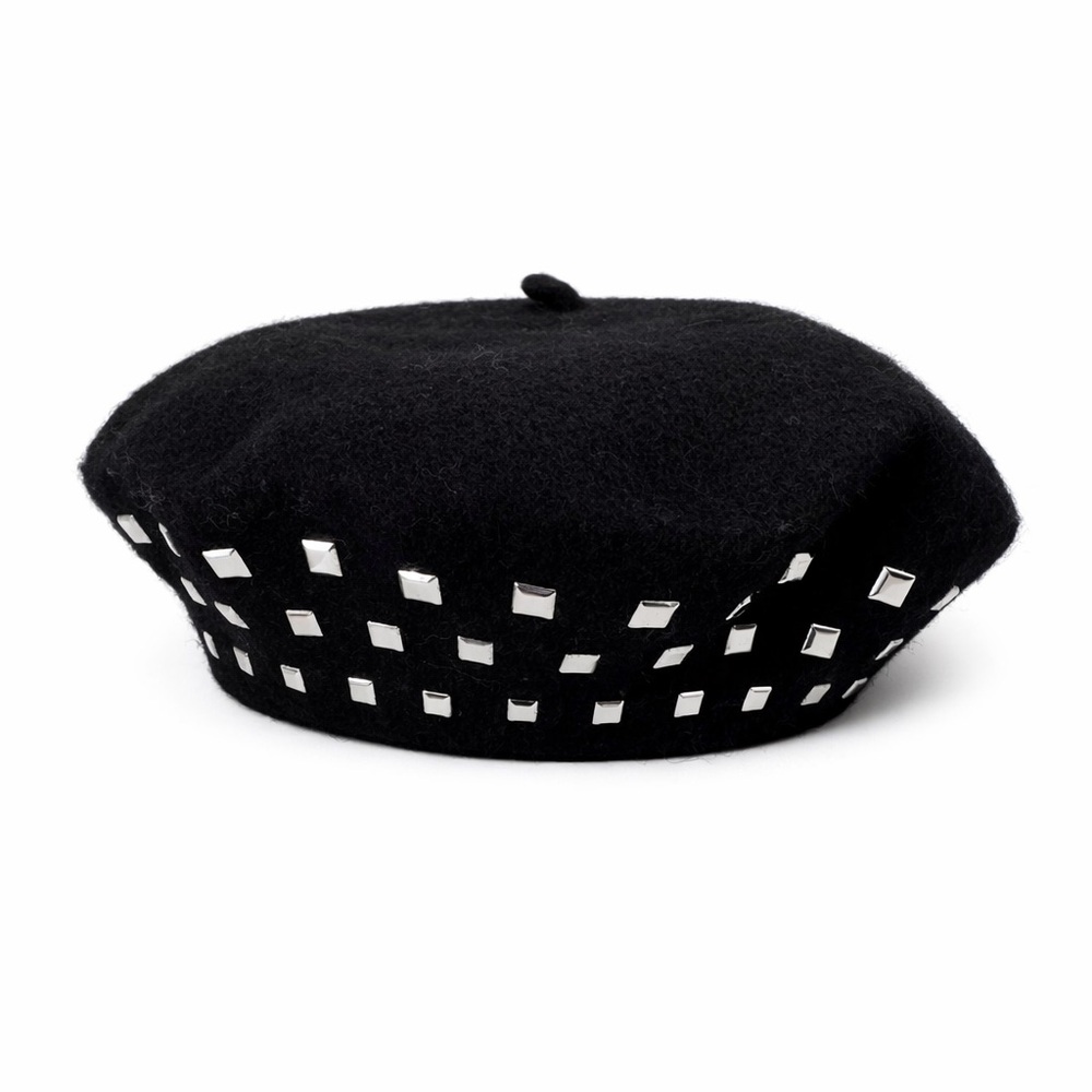 ZARA Wool Studded Beret Black 100% Wool NWT 56cm Small Parisian Chic